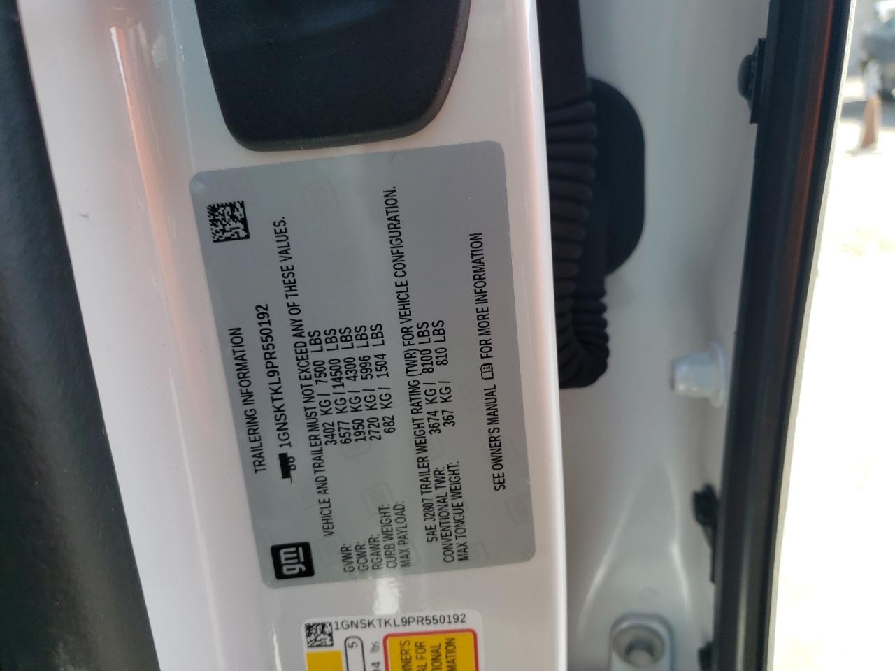 2023 CHEVROLET TAHOE K1500 HIGH COUNTRY VIN:1GNSKTKL9PR550192