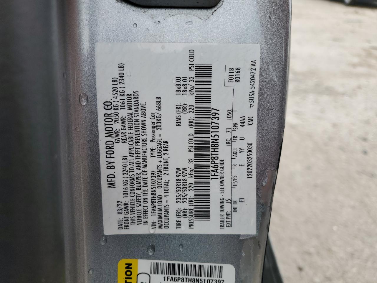 2022 FORD MUSTANG VIN:1FA6P8TH8N5107397