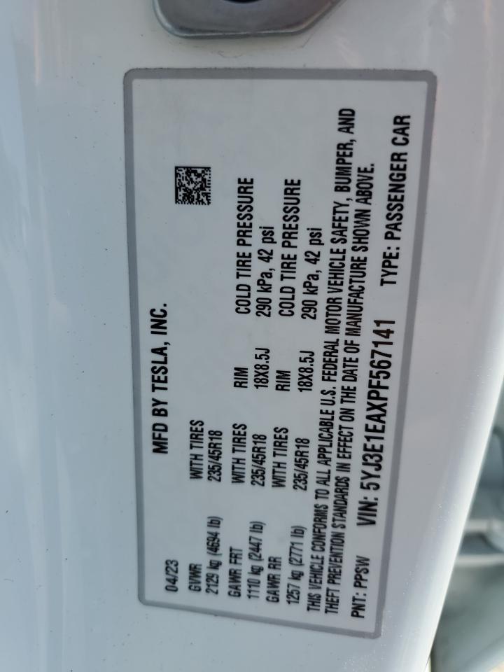 2023 TESLA MODEL 3 VIN:5YJ3E1EAXPF567141