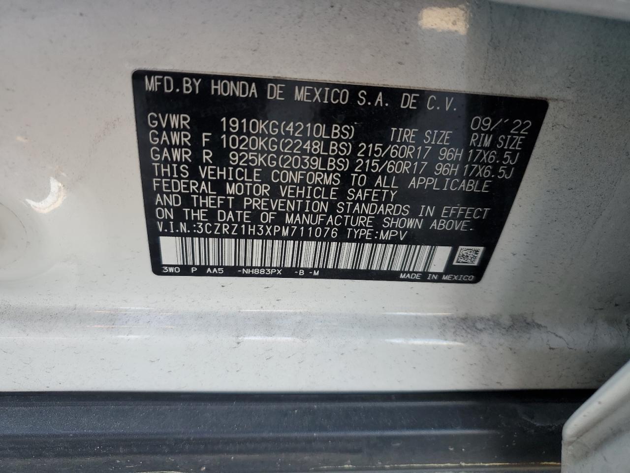 2023 HONDA HR-V LX VIN:3CZRZ1H3XPM711076