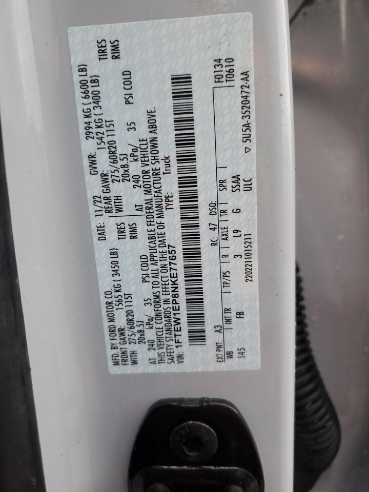 2022 FORD F150 SUPERCREW VIN:1FTEW1EP8NKE77657