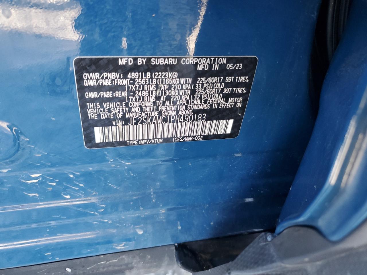 2023 SUBARU FORESTER WILDERNESS VIN:JF2SKAMC1PH490183