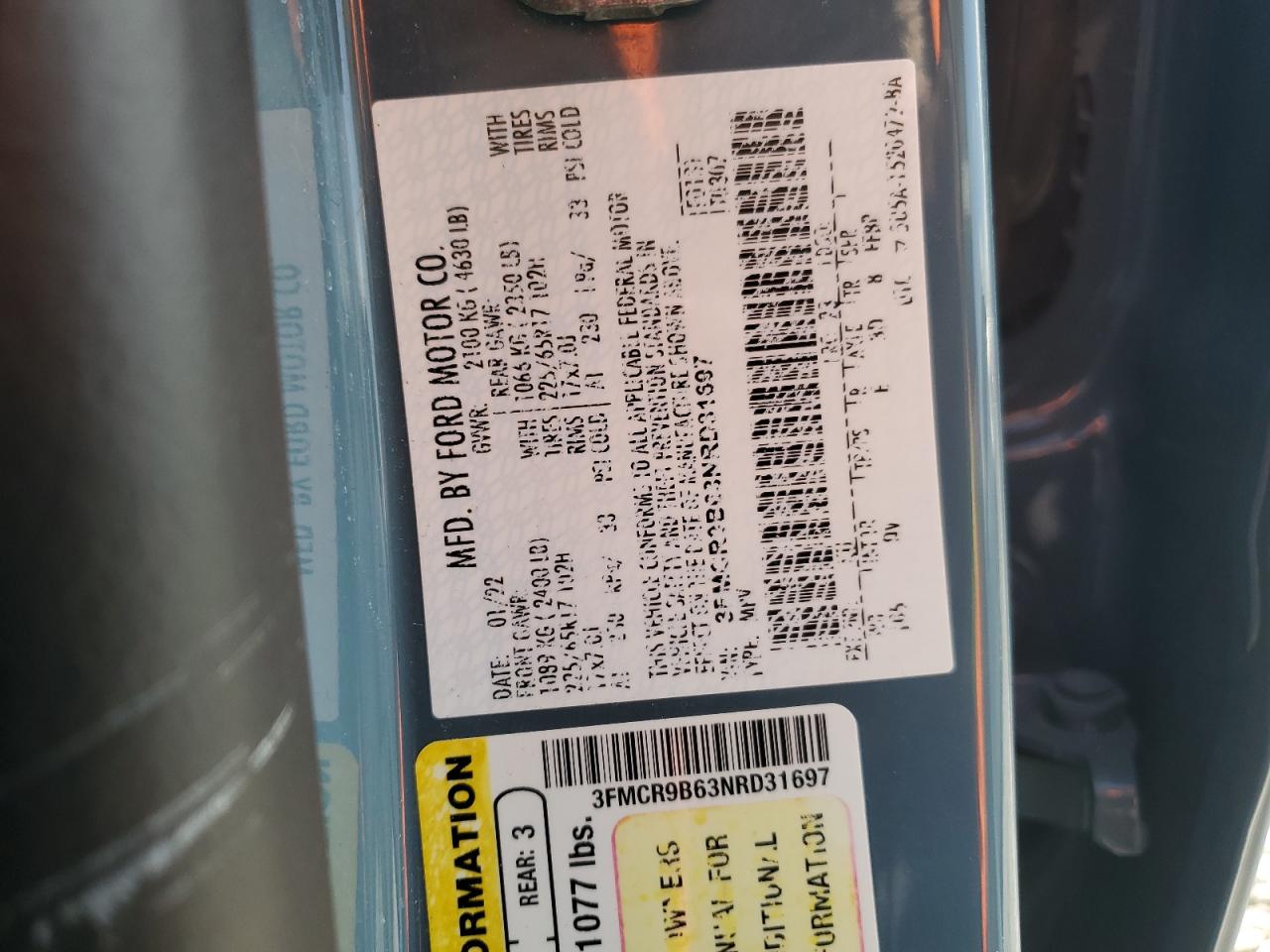 2022 FORD BRONCO SPORT BIG BEND VIN:3FMCR9B63NRD31697