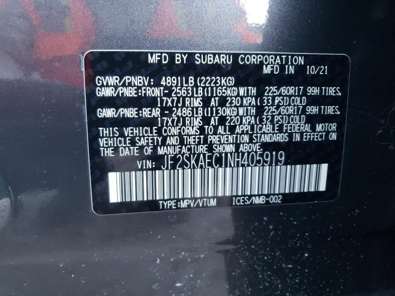 2022 SUBARU FORESTER PREMIUM VIN:JF2SKAEC1NH405919