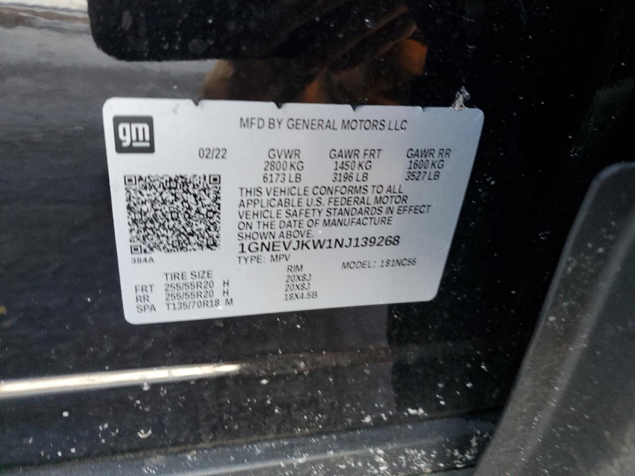 2022 CHEVROLET TRAVERSE RS VIN:1GNEVJKW1NJ139268