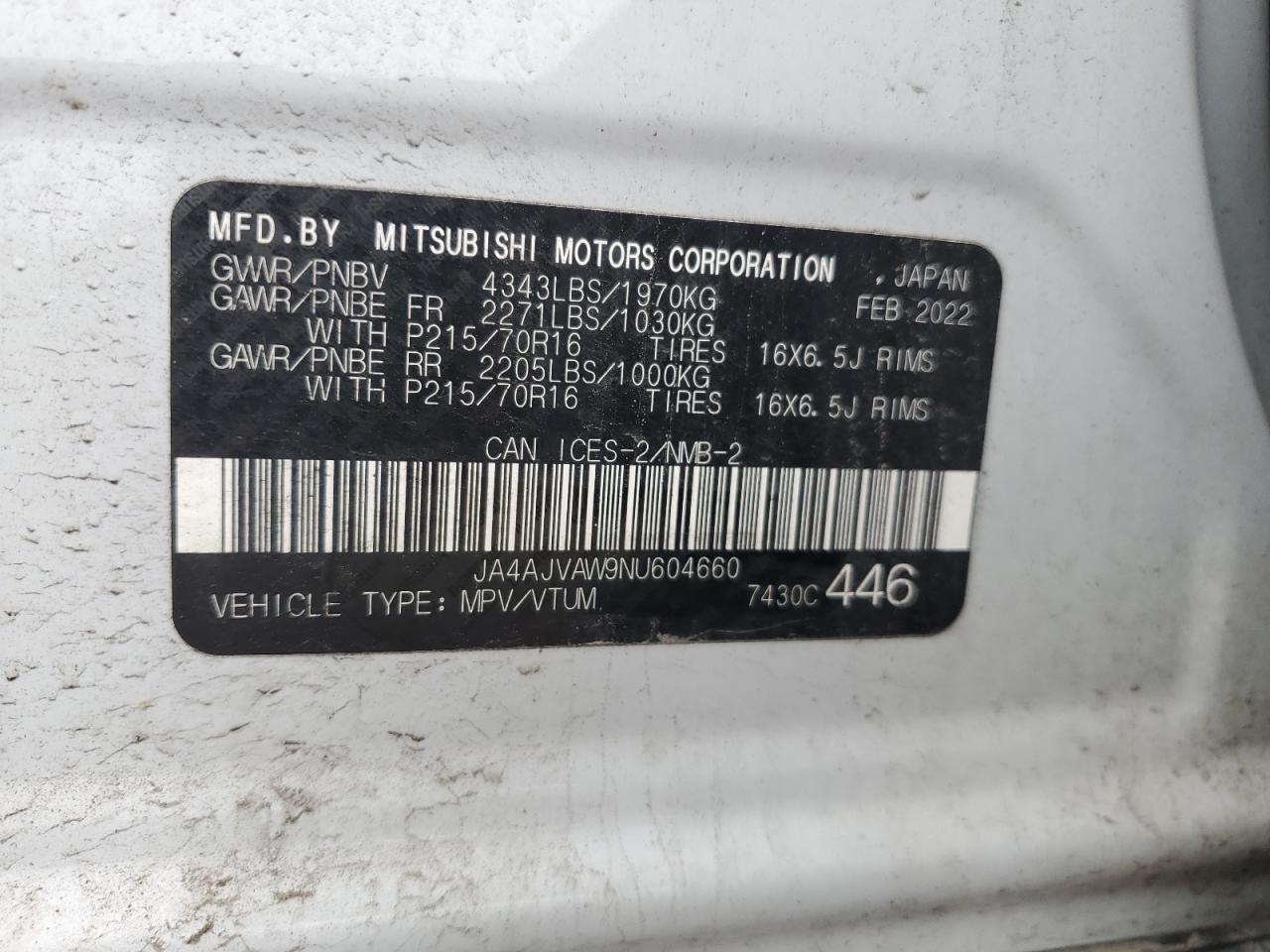 2022 MITSUBISHI RVR SE VIN:JA4AJVAW9NU604660
