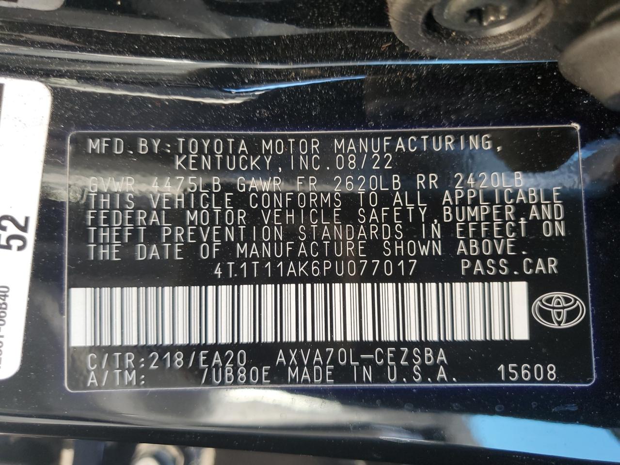 2023 TOYOTA CAMRY SE NIGHT SHADE VIN:4T1T11AK6PU077017