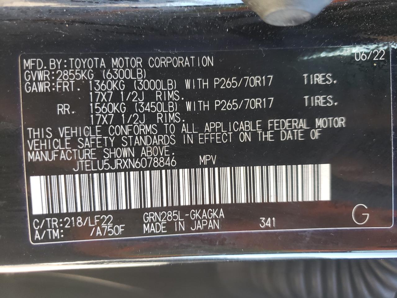 2022 TOYOTA 4RUNNER SR5 PREMIUM VIN:JTELU5JRXN6078846