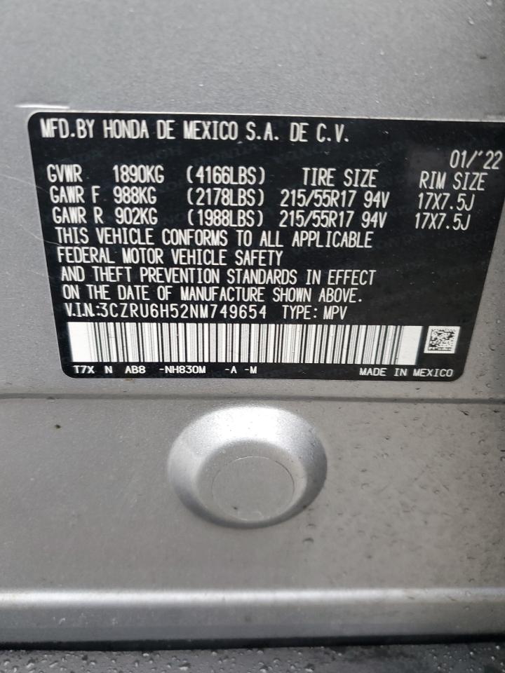 2022 HONDA HR-V EX VIN:3CZRU6H52NM749654