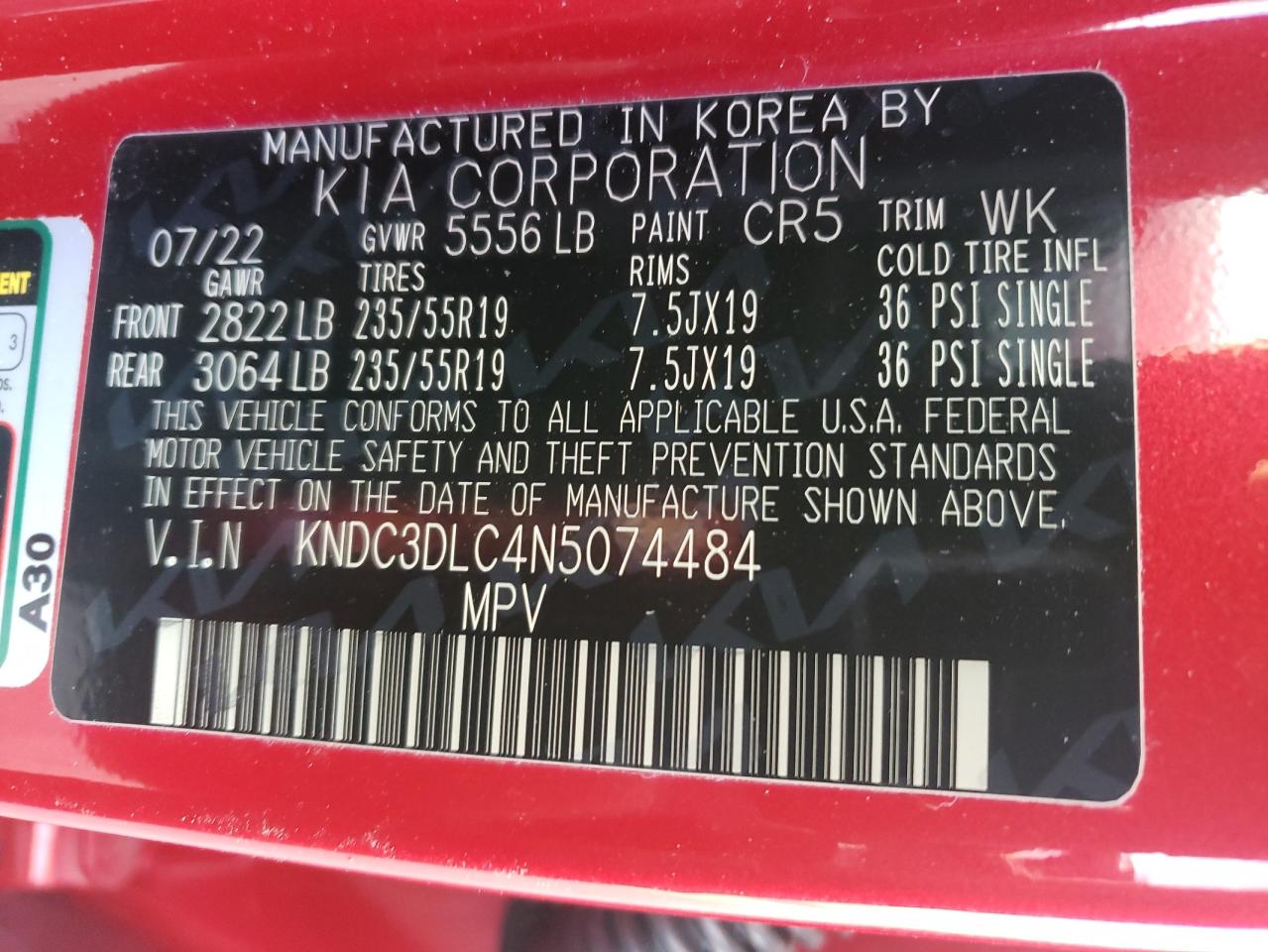 2022 KIA EV6 LIGHT VIN:KNDC3DLC4N5074484