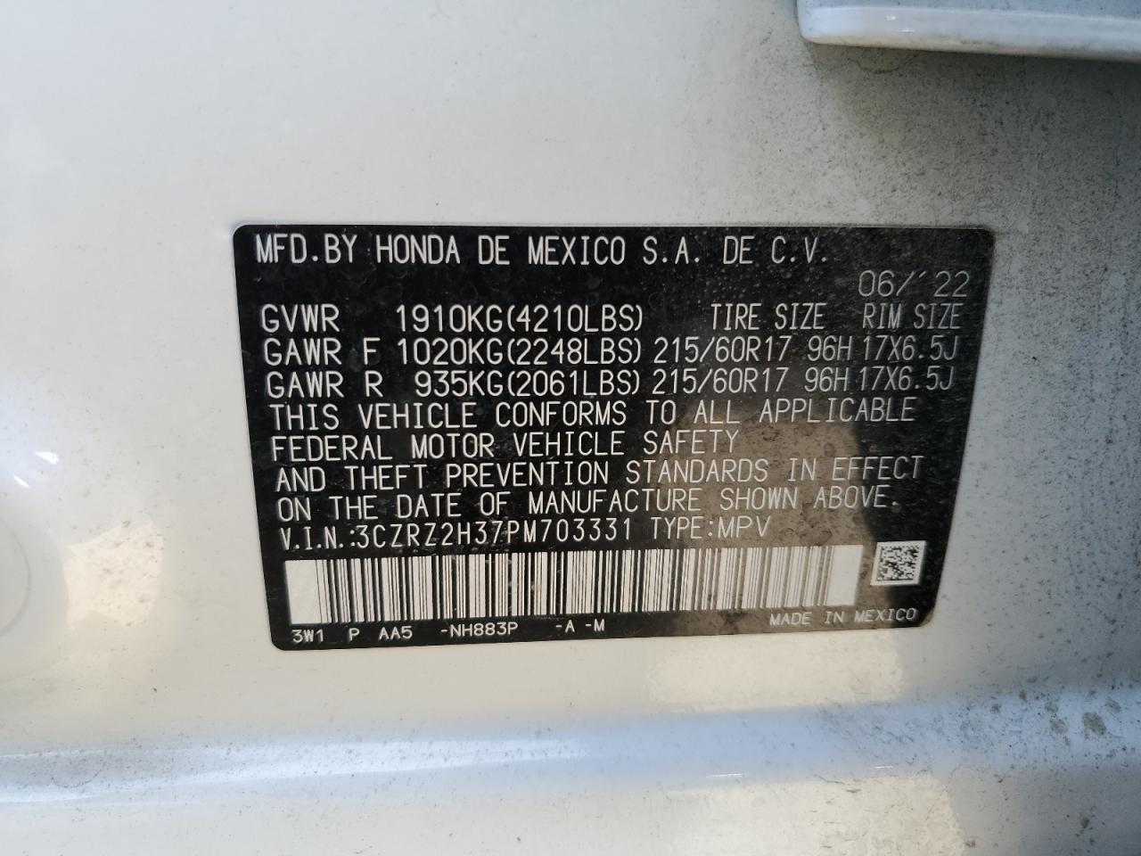 2023 HONDA HR-V LX VIN:3CZRZ2H37PM703331