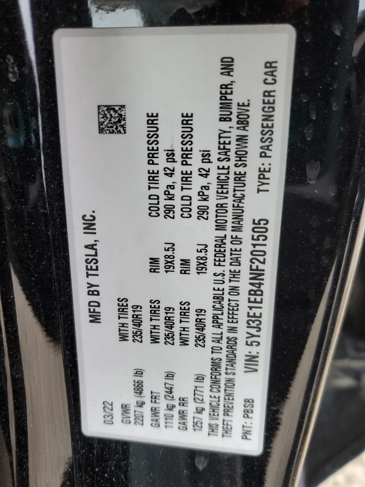 2022 TESLA MODEL 3 VIN:5YJ3E1EB4NF201505