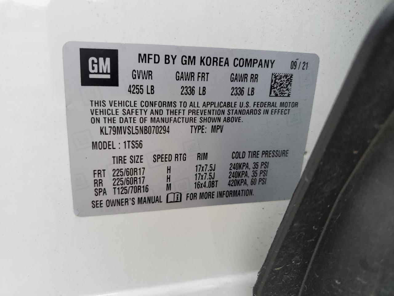 2022 CHEVROLET TRAILBLAZER ACTIV VIN:KL79MVSL5NB070294