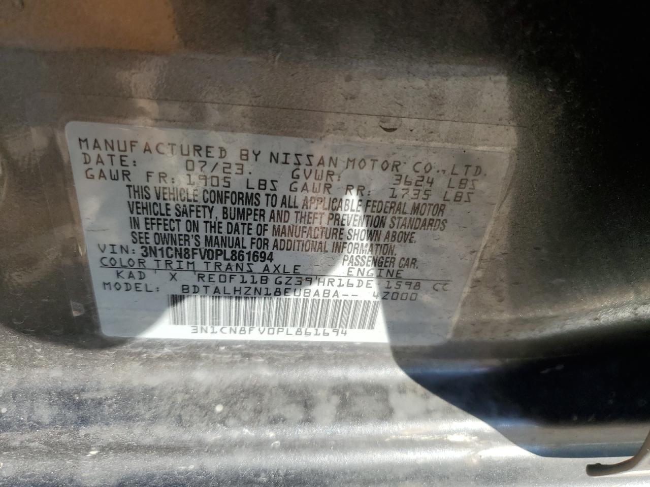 2023 NISSAN VERSA SR VIN:3N1CN8FV0PL861694