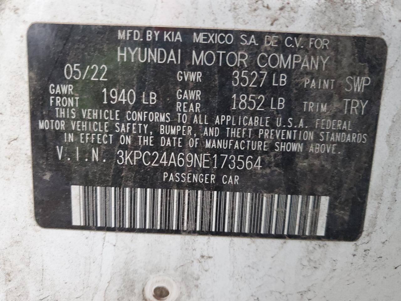 2022 HYUNDAI ACCENT SE VIN:3KPC24A69NE173564