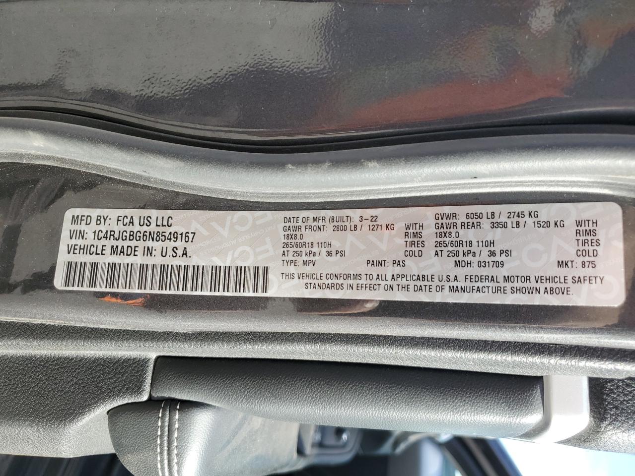 2022 JEEP GRAND CHEROKEE LIMITED VIN:1C4RJGBG6N8549167