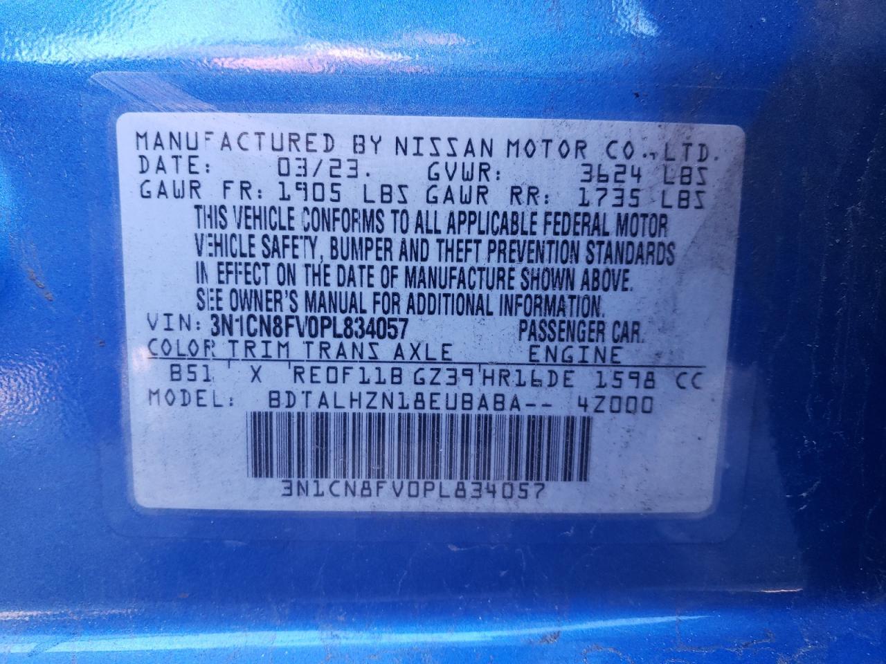 2023 NISSAN VERSA SR VIN:3N1CN8FV0PL834057