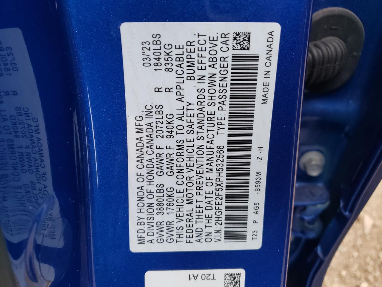 2023 HONDA CIVIC SPORT VIN:2HGFE2F5XPH532566