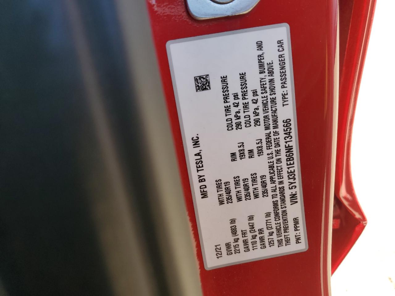 2022 TESLA MODEL 3 VIN:5YJ3E1EB6NF134566