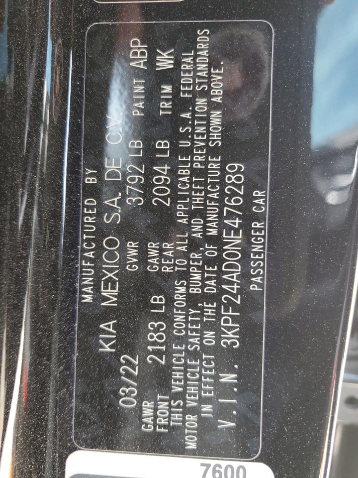 2022 KIA FORTE FE VIN:3KPF24AD0NE476289
