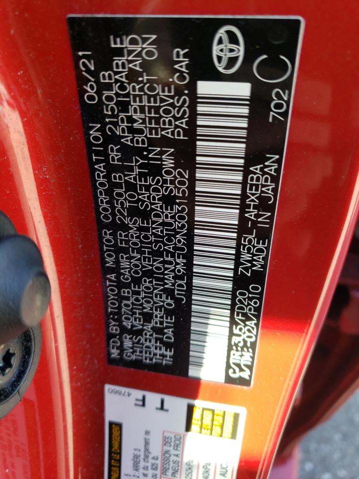 2022 TOYOTA PRIUS LE VIN:JTDL9MFU9N3031502