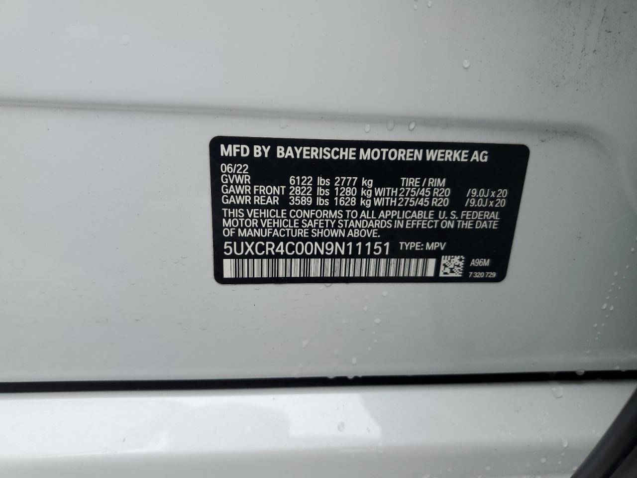 2022 BMW X5 SDRIVE 40I VIN:5UXCR4C00N9N11151