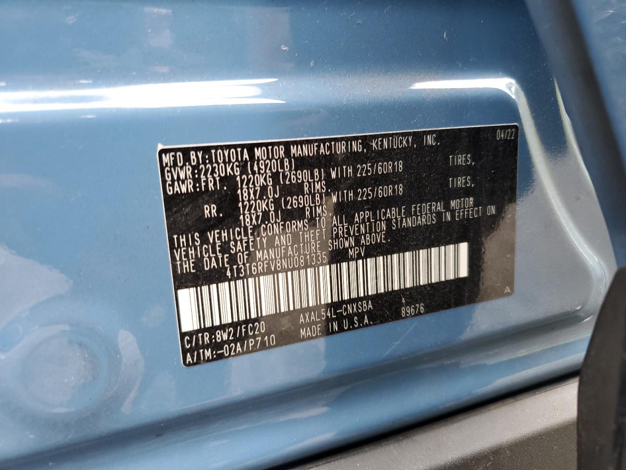 2022 TOYOTA RAV4 SE VIN:4T3T6RFV8NU081335