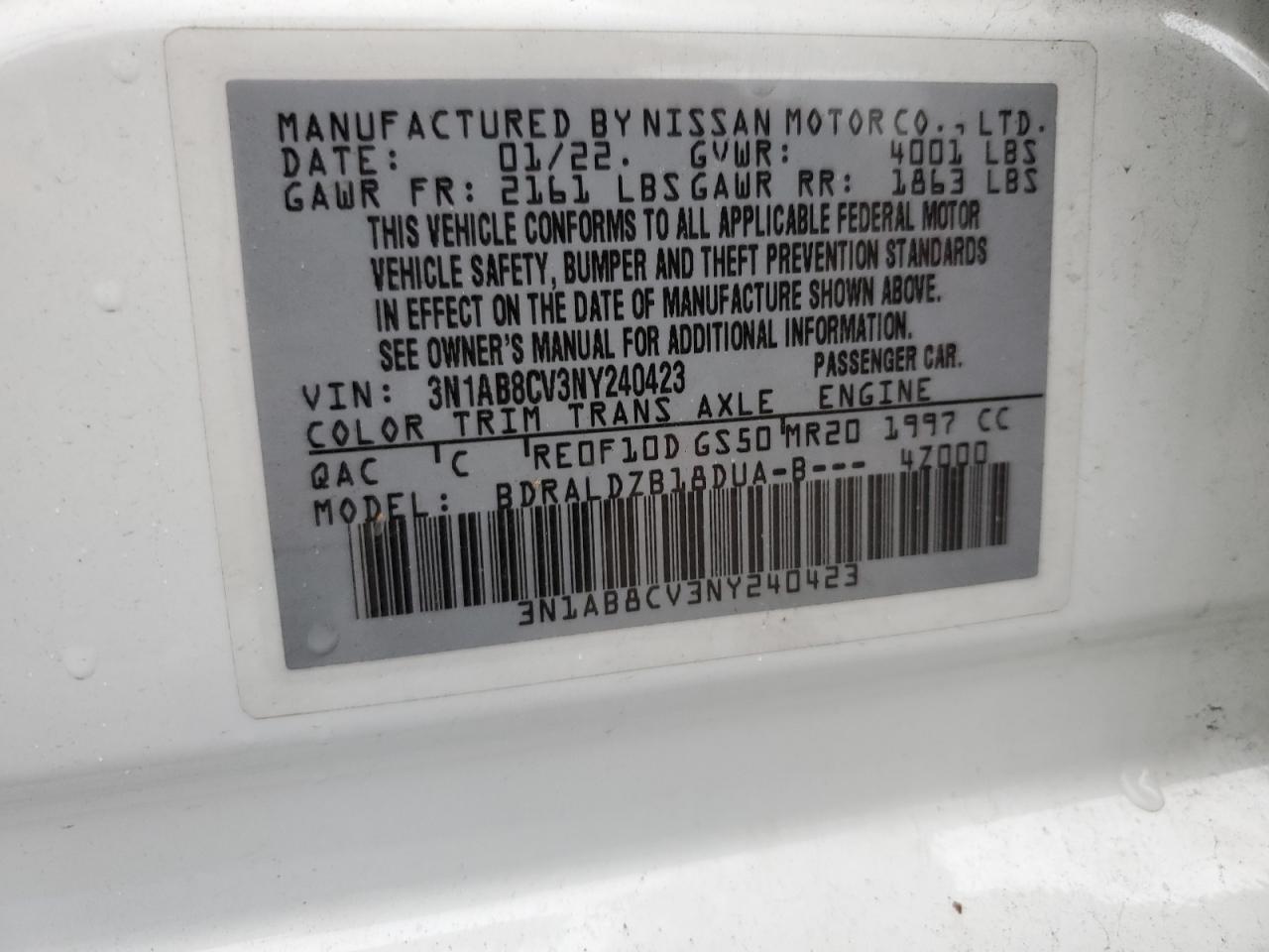 2022 NISSAN SENTRA SV VIN:3N1AB8CV3NY240423