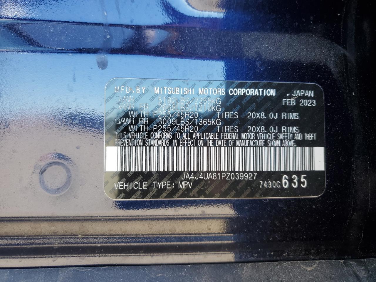 2023 MITSUBISHI OUTLANDER SE VIN:JA4J4UA81PZ039927