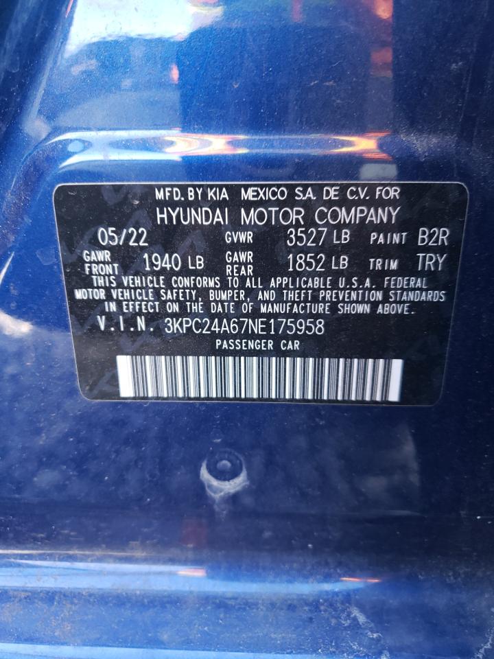 2022 HYUNDAI ACCENT SE VIN:3KPC24A67NE175958