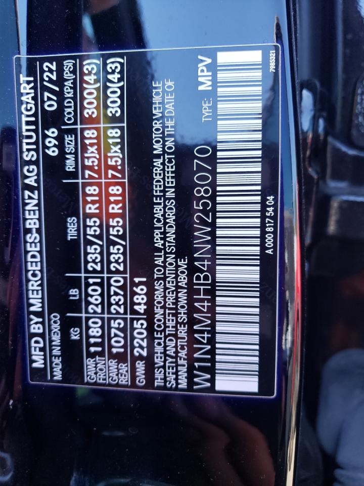 2022 MERCEDES-BENZ GLB 250 4MATIC VIN:W1N4M4HB4NW258070