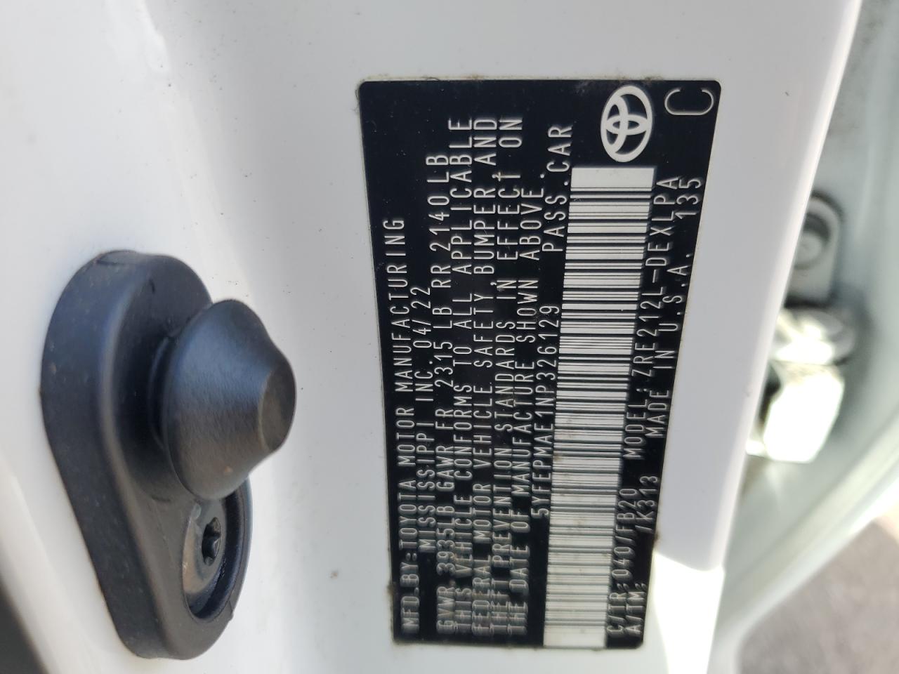 2022 TOYOTA COROLLA LE VIN:5YFEPMAE1NP326129