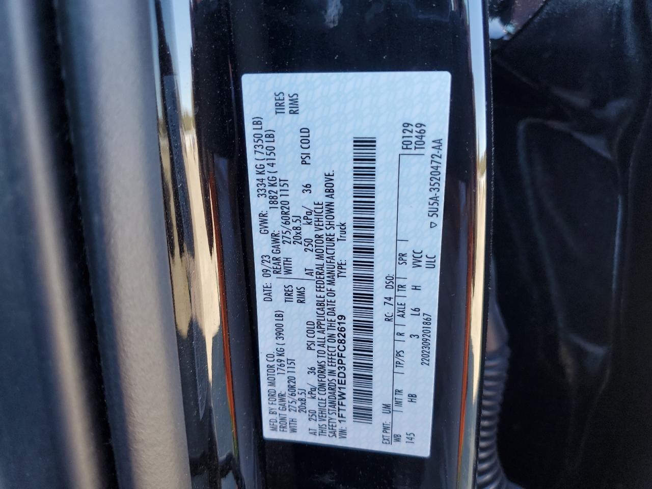 2023 FORD F150 SUPERCREW VIN:1FTFW1ED3PFC82619