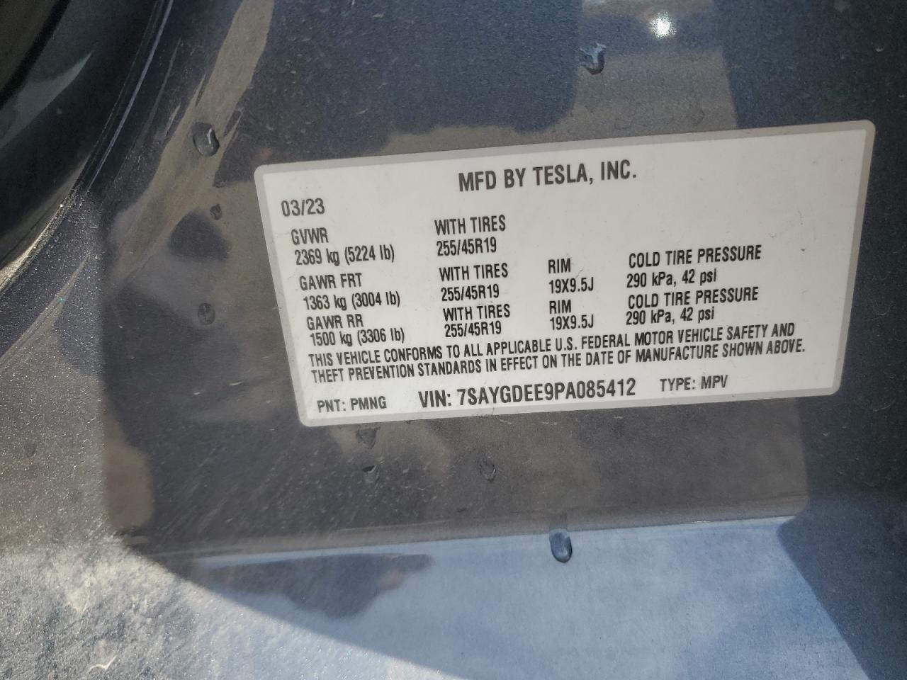 2023 TESLA MODEL Y VIN:7SAYGDEE9PA085412