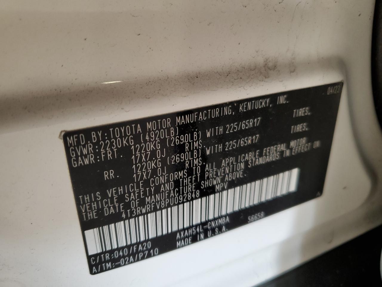 2023 TOYOTA RAV4 XLE VIN:4T3RWRFV8PU092848