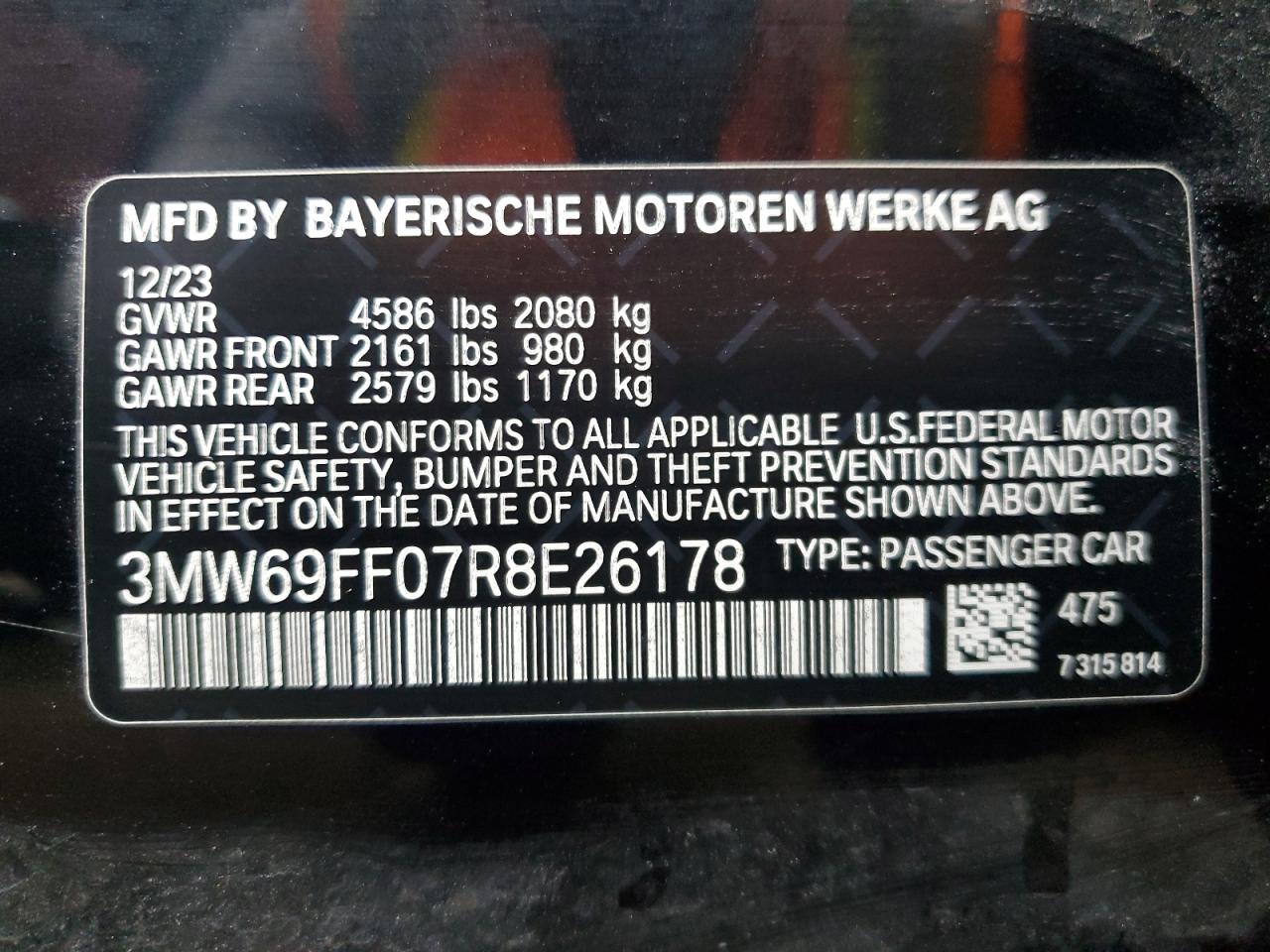 2024 BMW 330I VIN:3MW69FF07R8E26178