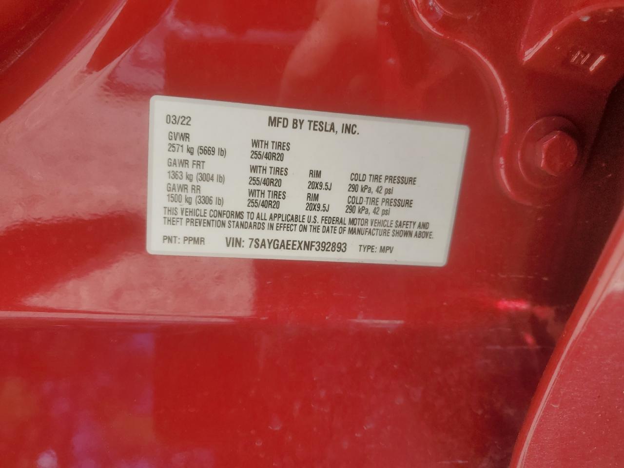 2022 TESLA MODEL Y VIN:7SAYGAEEXNF392893