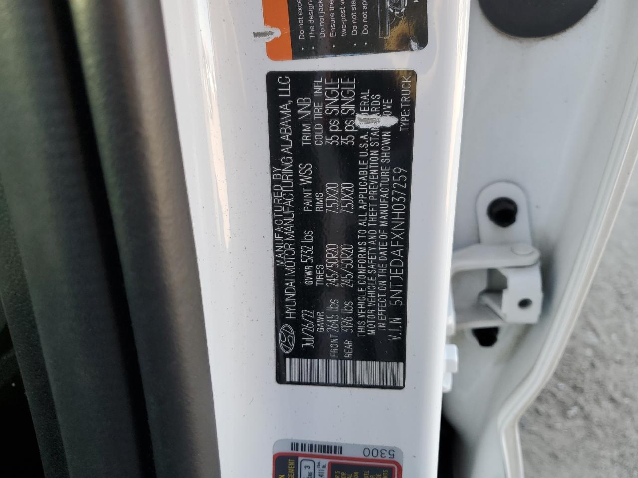 2022 HYUNDAI SANTA CRUZ LIMITED VIN:5NTJEDAFXNH037259