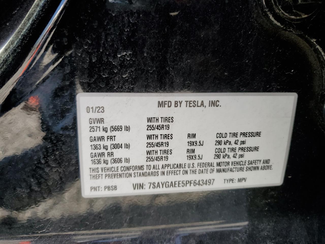 2023 TESLA MODEL Y VIN:7SAYGAEE5PF643497