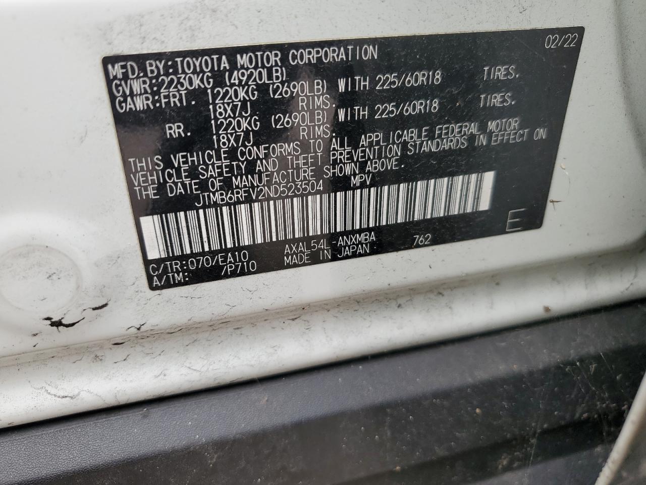 2022 TOYOTA RAV4 XLE PREMIUM VIN:JTMB6RFV2ND523504