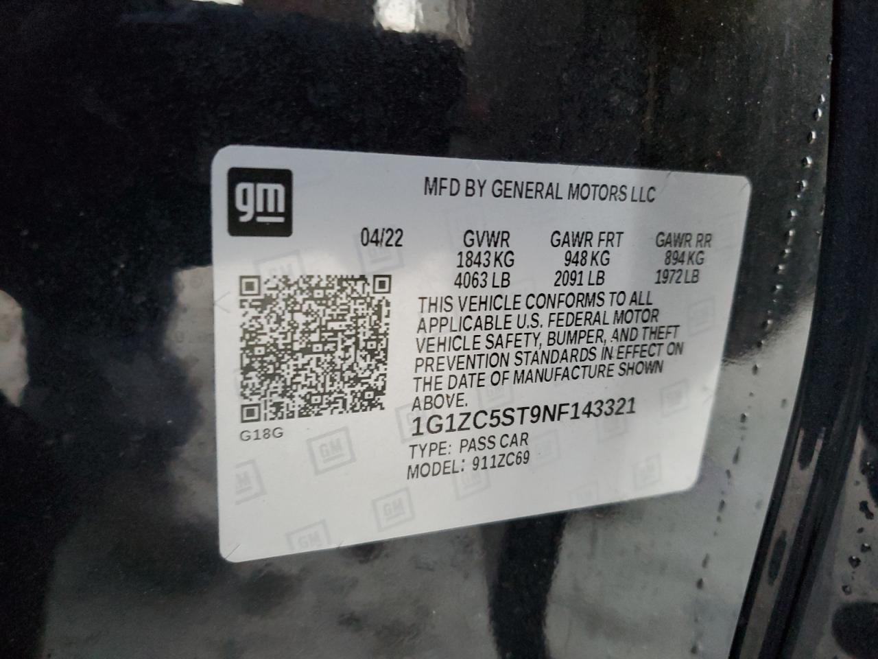 2022 CHEVROLET MALIBU LS VIN:1G1ZC5ST9NF143321