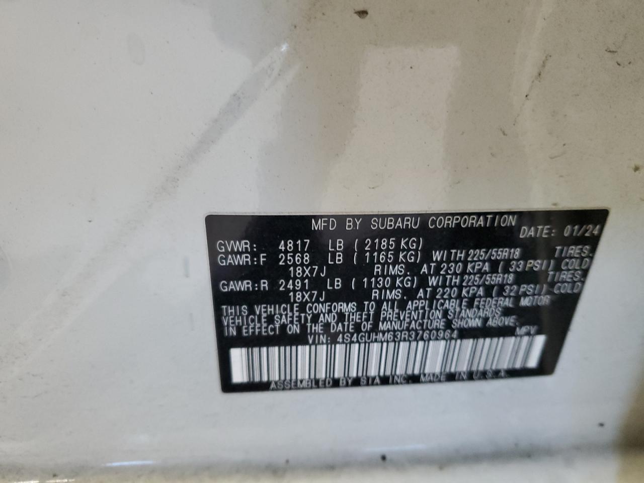 2024 SUBARU CROSSTREK LIMITED VIN:4S4GUHM63R3760964