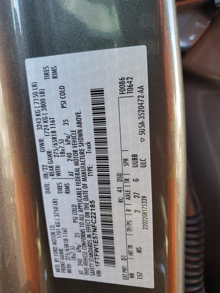 2022 FORD F150 SUPERCREW VIN:1FTFW1E57NFC22185