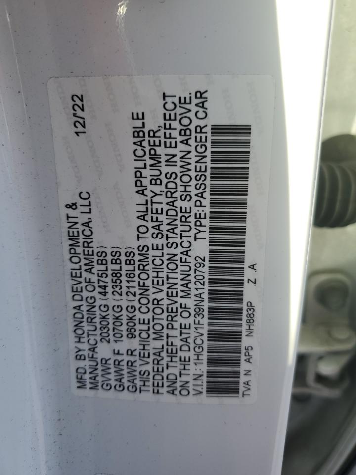 2022 HONDA ACCORD SPORT VIN:1HGCV1F39NA120792