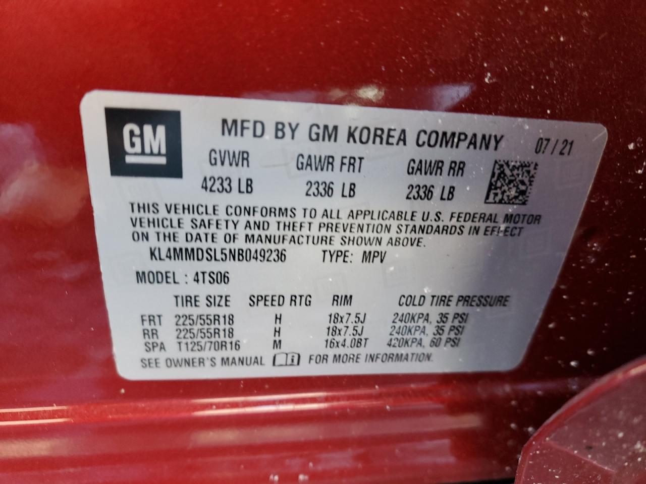 2022 BUICK ENCORE GX SELECT VIN:KL4MMDSL5NB049236