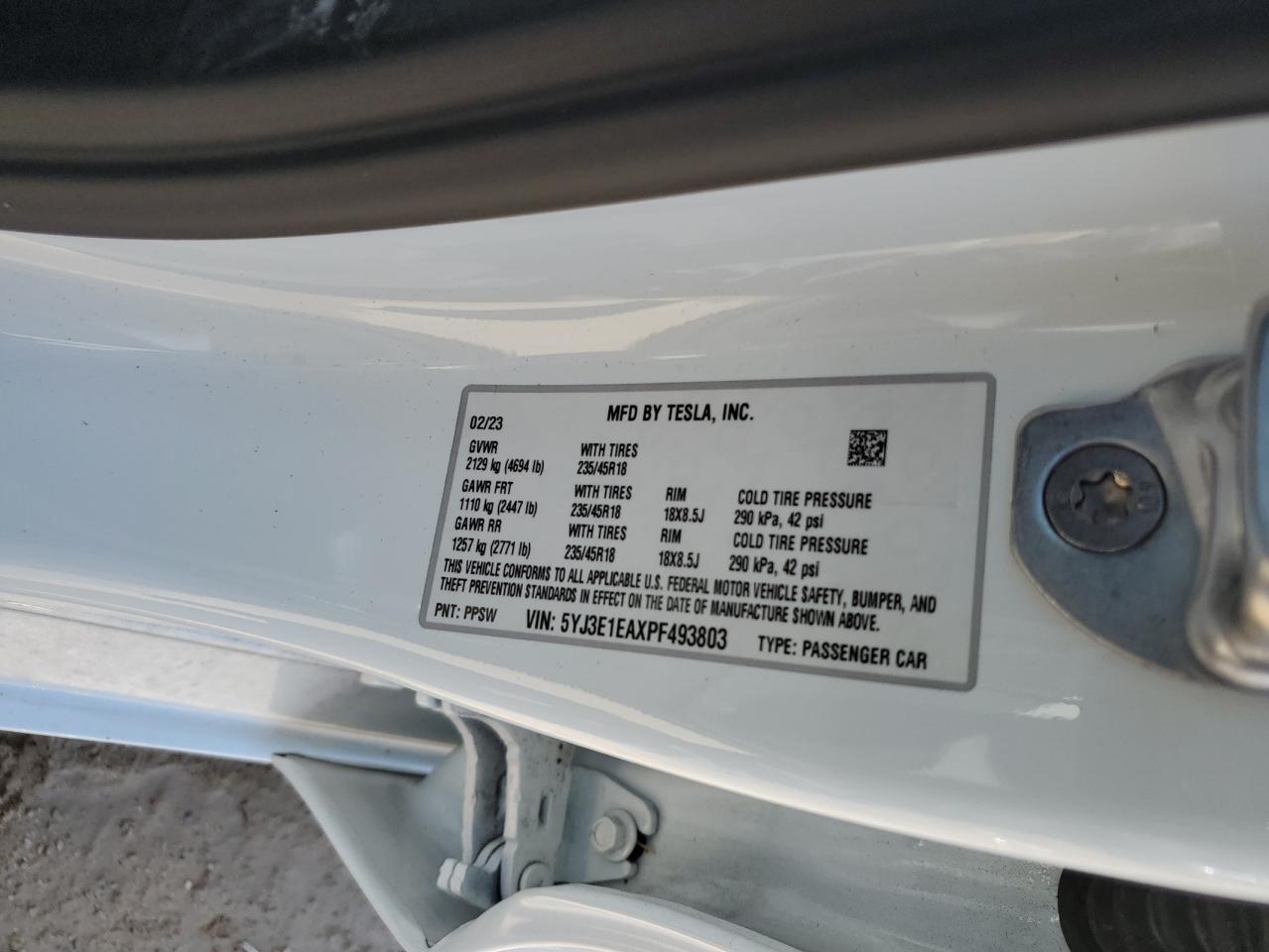 2023 TESLA MODEL 3 VIN:5YJ3E1EAXPF493803