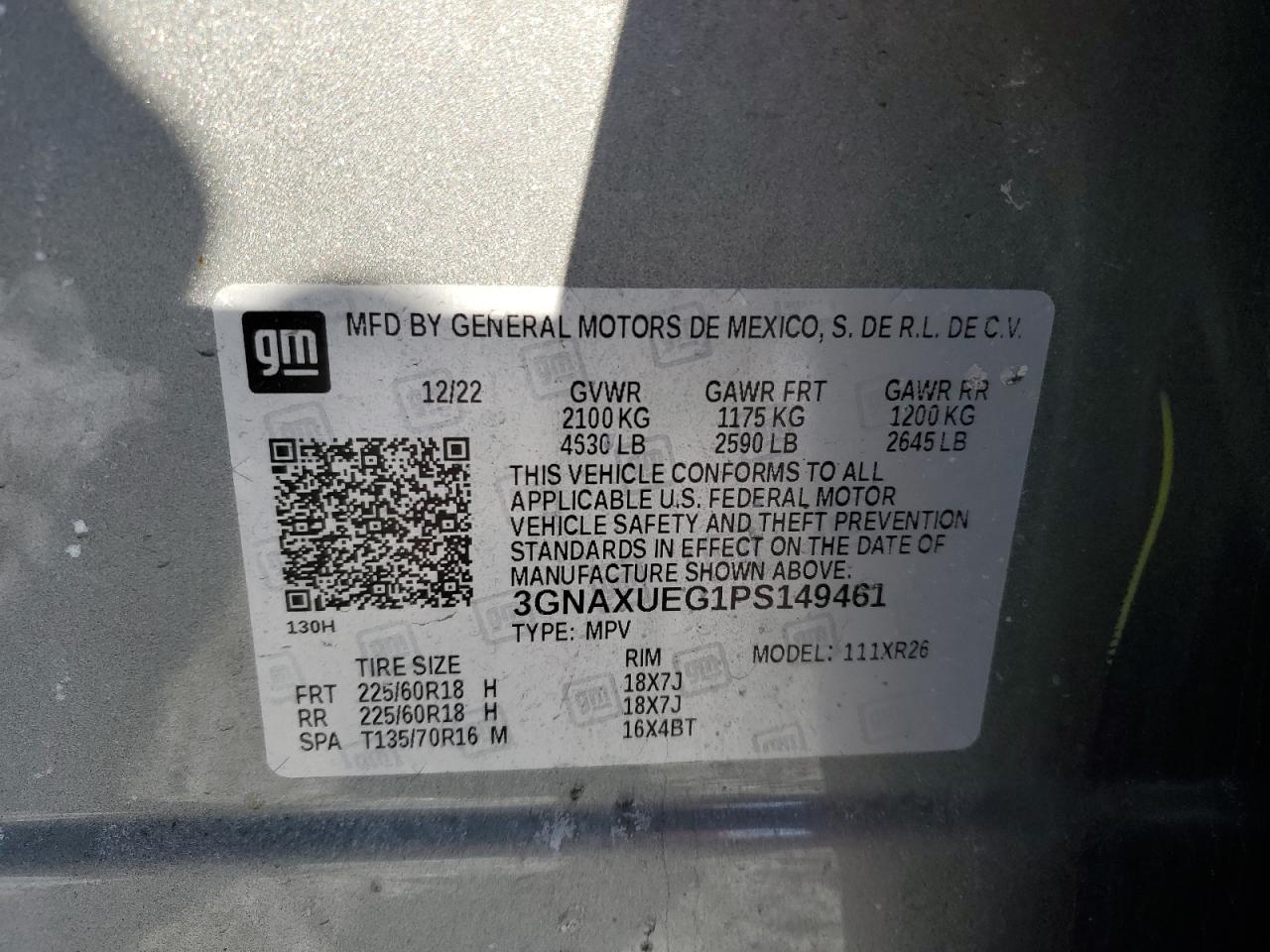 2023 CHEVROLET EQUINOX LT VIN:3GNAXUEG1PS149461