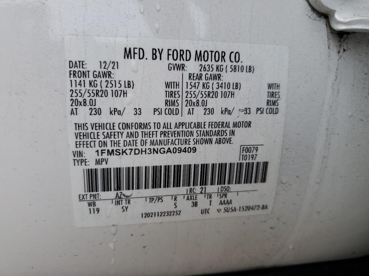2022 FORD EXPLORER XLT VIN:1FMSK7DH3NGA09409