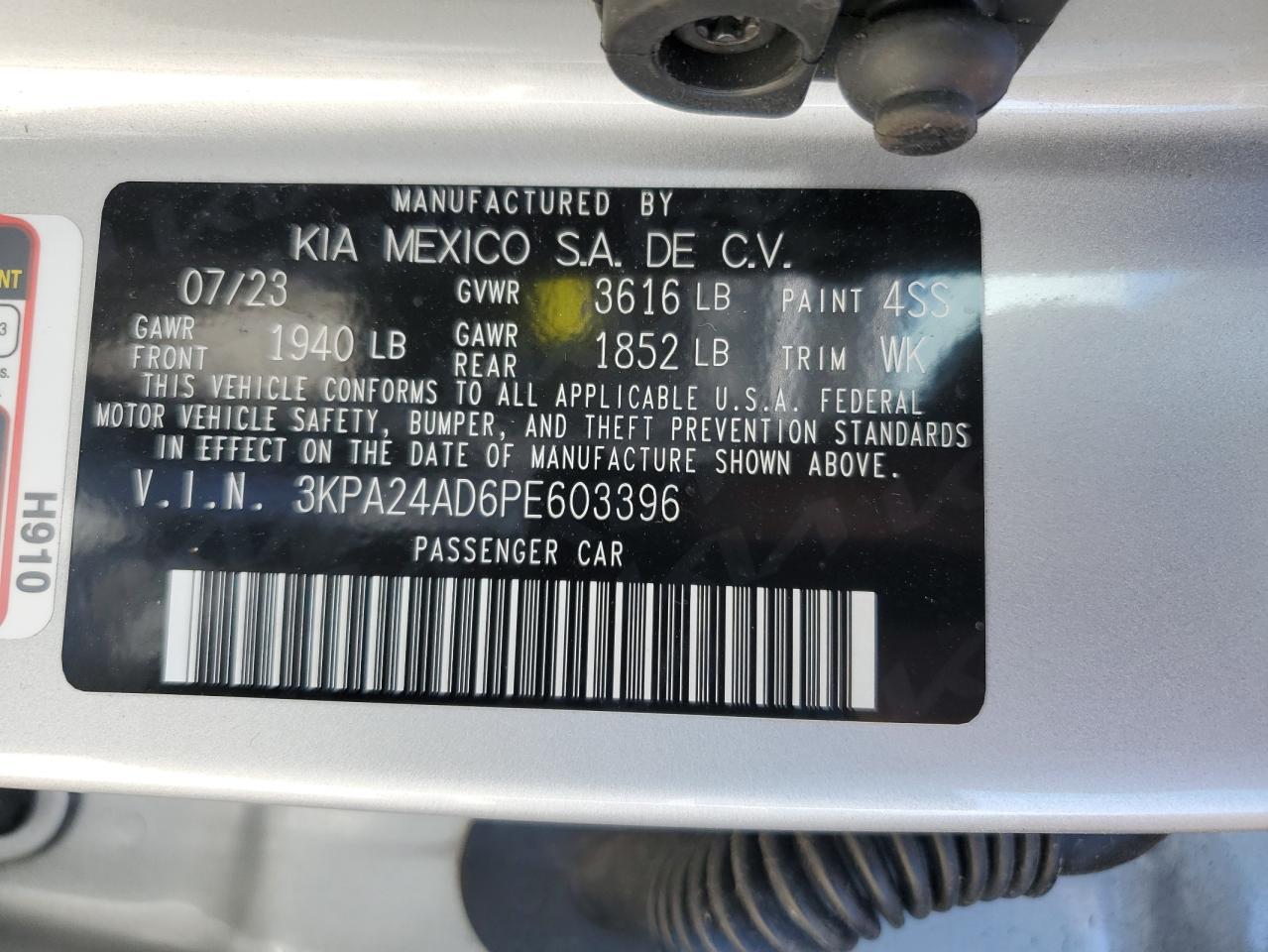 2023 KIA RIO LX VIN:3KPA24AD6PE603396
