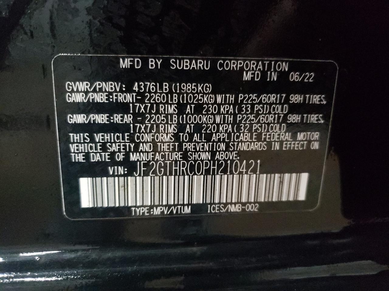 2023 SUBARU CROSSTREK SPORT VIN:JF2GTHRC0PH210421